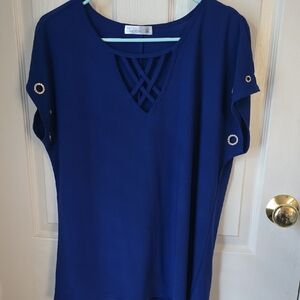 Magic Navy Blue Crisscross V-Neck Tunic with Grommet Sleeves